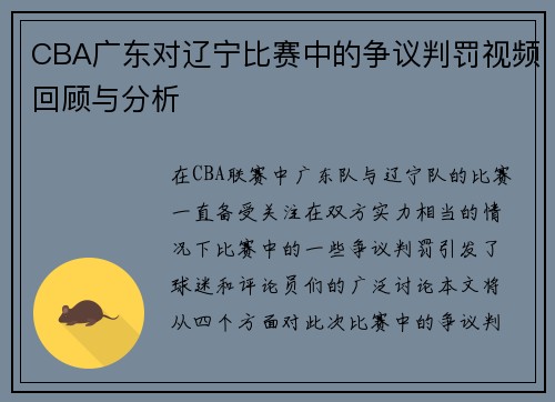 CBA广东对辽宁比赛中的争议判罚视频回顾与分析