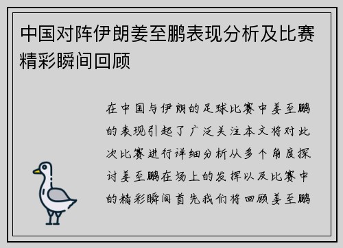 中国对阵伊朗姜至鹏表现分析及比赛精彩瞬间回顾
